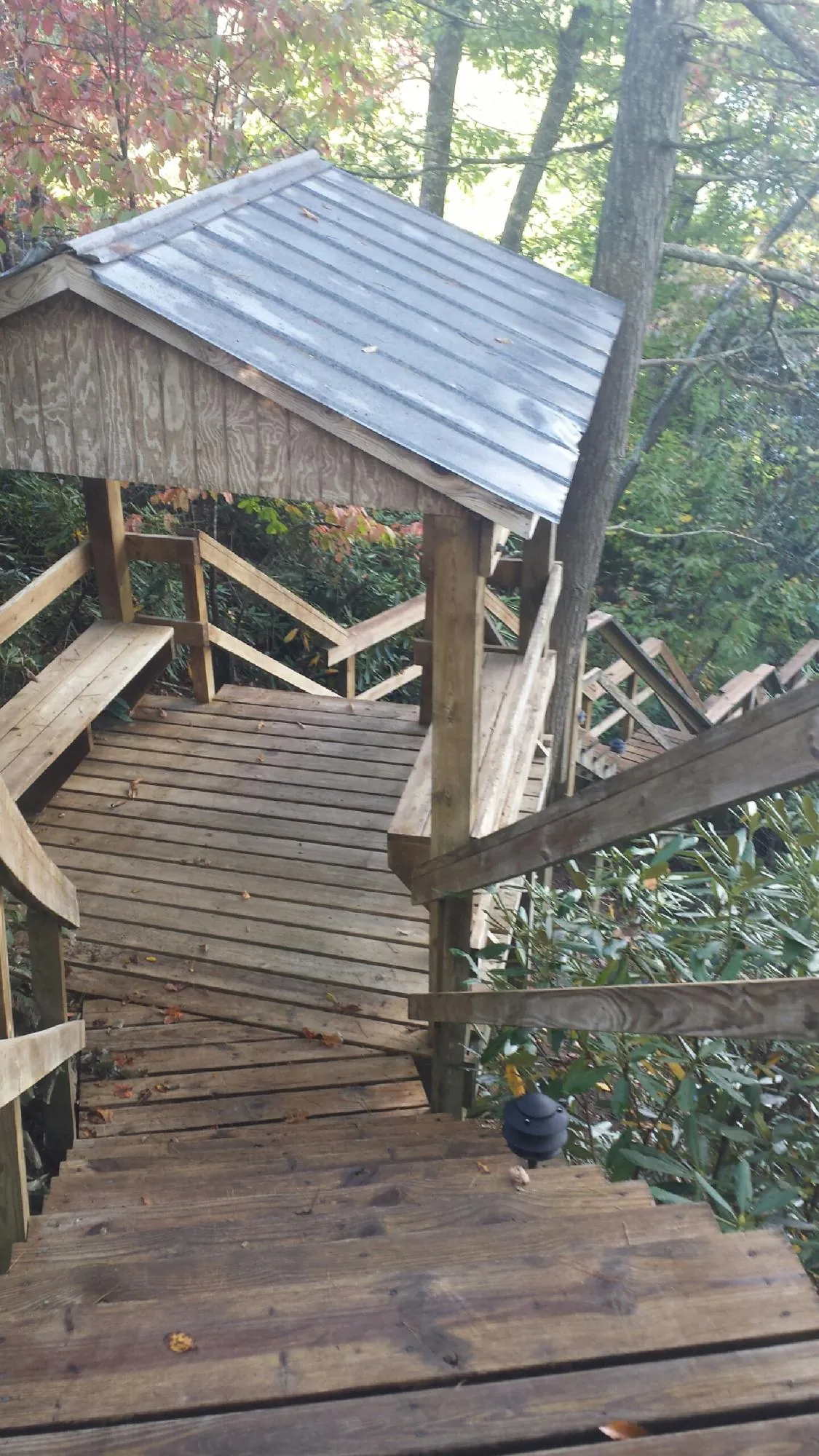 Metal roofed shelter over wooden steps on a wooded walkway — Skylight Repair & Installation work by our crew in David City